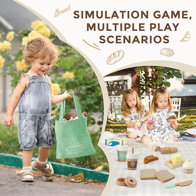 17 PCS Wooden Bakery Toy Food Playset for Kids, Pretend Picnic Play Food for Toddlers 3+, Play Kitchen Accessories with Shopping Bag, Cutting Food Toys, Gift for Girls Boys and Girls