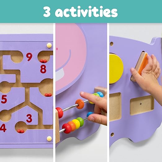 SPARK & WOW Hippo Activity Wall Panel | Ages 18m+ | Montessori Sensory Wall Toy | 3 Activities | Busy Board | Toddler Room Decor