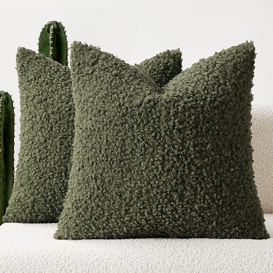 Woaboy Faux Fur Throw Pillow Covers 18x18 Inch Set of 2 Boucle Neutral Decorative Sherpa Fuzzy Accent Soft Sheepskin Fleece Cushions Modern Home Decor for Couch Sofa Bedroom Living Room,Olive Green