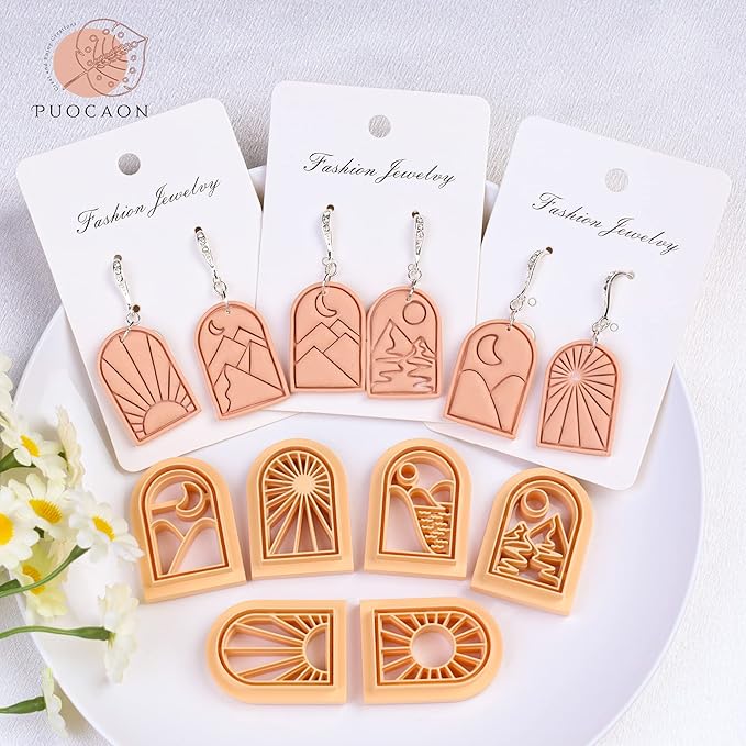 Puocaon Boho Landscape Clay Cutters - 8 Shapes Clay Cutters for Polymer Clay Jewelry Making, Sun Ray Polymer Clay Cutters for Earrings, Arch Clay Cutters Boho Mountain Scene Earrings Making Set