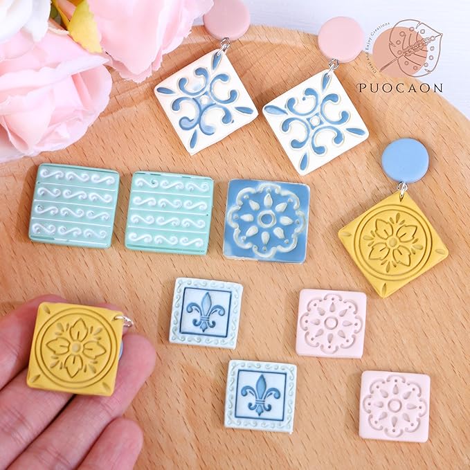 Puocaon Mexican Talavera Clay Cutters - 11 Pcs Clay Cutters for Polymer Clay Jewelry, Portuguese Tiles Polymer Clay Jewelry Cutters, Floral Tile Clay Cutters for Earrings, Peranakan Tile Clay Cutters