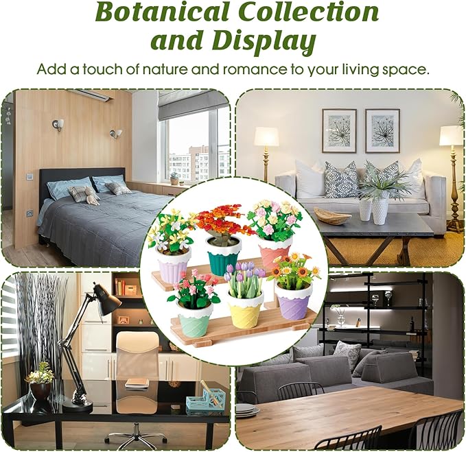 POKONBOY Flowers and Plants Bonsai Tree Building Sets, 6 Pack Botanical Collection Building Toys Creative Flowers Building Kits Home Decor Birthday Boys Girls 6+