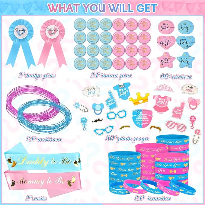 202 Pcs Baby Gender Reveal Party Supplies Favors Boy or Girl, Gender Reveal Ideas Gender Reveal Games Supplies, Baby Gender Reveal Bracelets, Team Boy Girl Button Pins