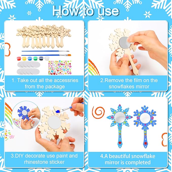 Fennoral 10 Pack Wooden Mirror Craft for Kids Decorate You Own Snowflake Mirrors for Girls DIY Paint Snowflake Crafts Wooden Hand Mirror for Art Activities Birthday Winter Christmas Gifts