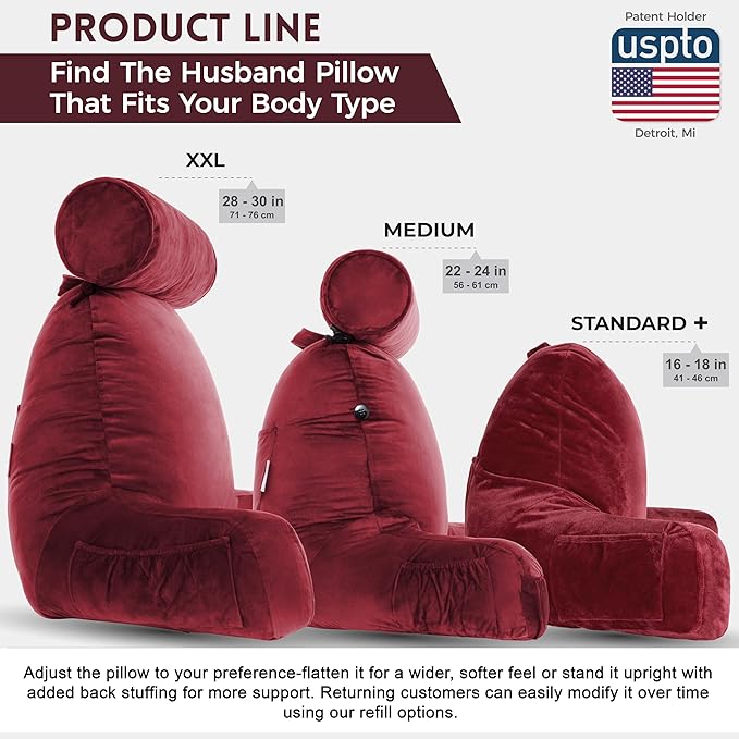 Husband Pillow Maroon, Original Reading Pillow in Bed Rest Chair, Shredded Memory Foam Large Lounge Cushion Adult Backrest with Arms, Comfy Back Support for Sit Sitting Up, Washable/Removable Cover