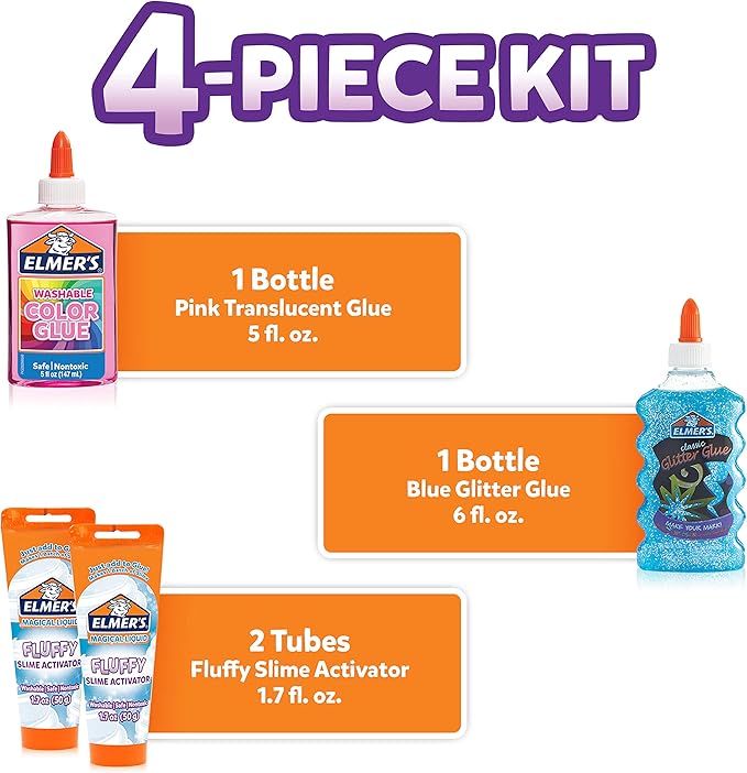 Elmer’s Fluffy Slime Kit, Includes Elmer’s Translucent Color Glue, Elmer’s Glitter Glue, Elmer’s Fluffy Slime Activator, 4 Count