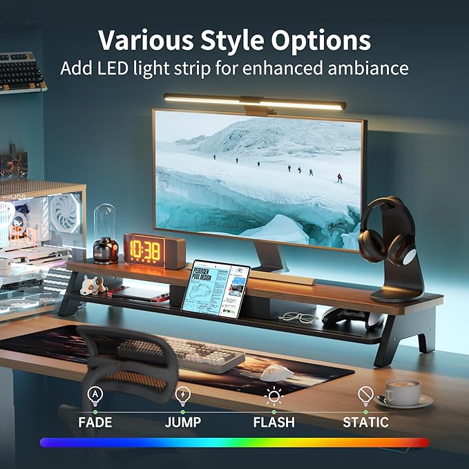 AFOOYO Dual Monitor Stand Riser,LED 2-Tier 39.3 Inch Computer Monitor Stand for 2 Monitors,Office Desktop Organizer with Storage Drawer and Phone Holder for Laptop,PC,Computer,Printer,Walnut