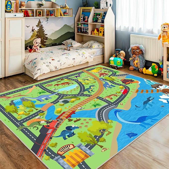 Kids Rugs for Playroom - Soft & Non-Slip 8x10 Feet Dinosaur Play Mat,Childrens Dinosaurs Carpet Washable Rug for Classroom Nursery Bedroom Boys