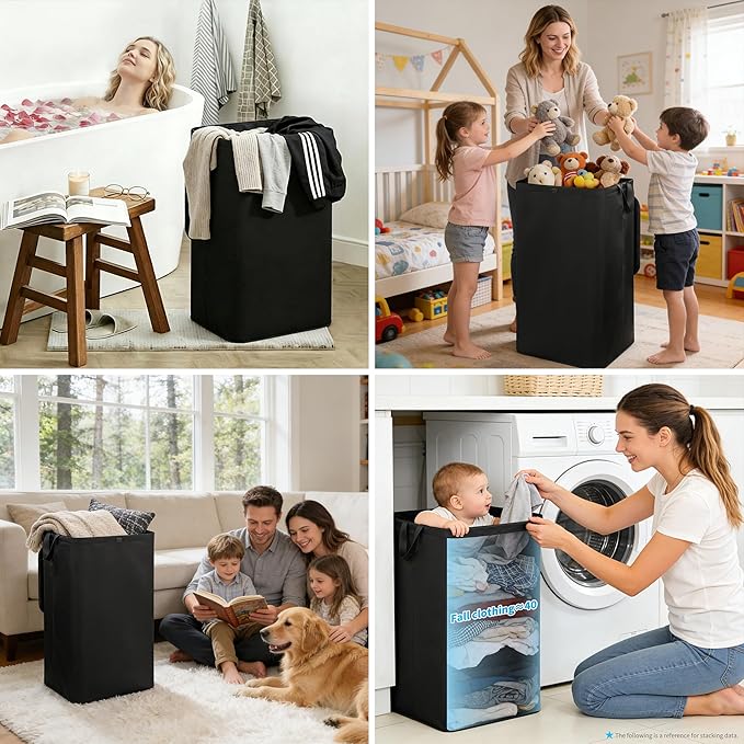 80L Large Laundry Hamper with Lid, Foldable Laundry Bag for Washing Machine with Removable Inner Bag, Dirty Hampers for Bedroom, Bathroom,Laundry Room, College (Black)
