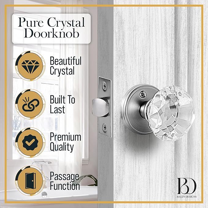 Silver Crystal Door Knob, Glass Door Knobs Interior Non-Locking Set, Antique Decorative Vintage Style for Hallway, Closet, Passage Doors, 2 Pack