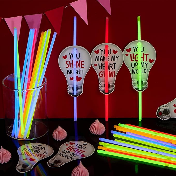JOYIN 36 Packs Neon Valentines Day Gift Bulb Cards with Glow Sticks, Glow Necklaces for Valentine's Party Favor, Valentine Classroom Exchange Cards, Valentine School Prize