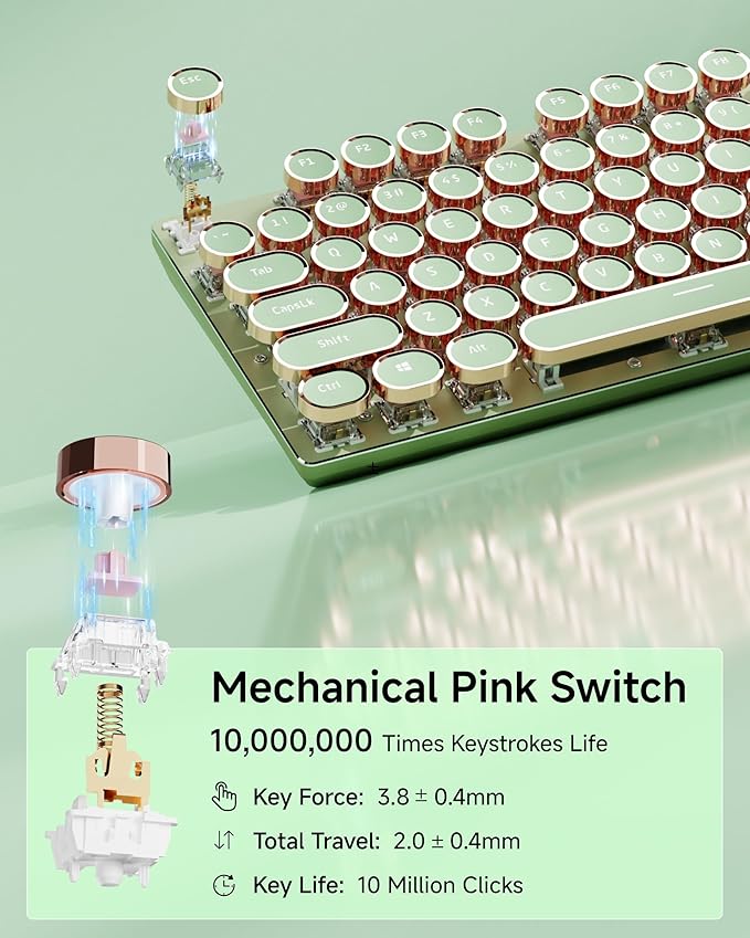 EWEADN Wired Typewriter keyboard and Mouse Combo, Typewriter Style Mechanical Gaming Keyboard,104 Keys Backlit LED Keyboards, Media Control Knob, Wired Keyboard Pink Switch for Windows/Mac/PC-Green