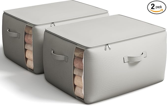 Vailando Large Canvas Comforter Storage Bags Closet Organizer for Clothes Sweater Clothes Organizer with Dual Zipper Three Carrying Handles for Blanket Closet Storage Container, 2 Pack, Grey