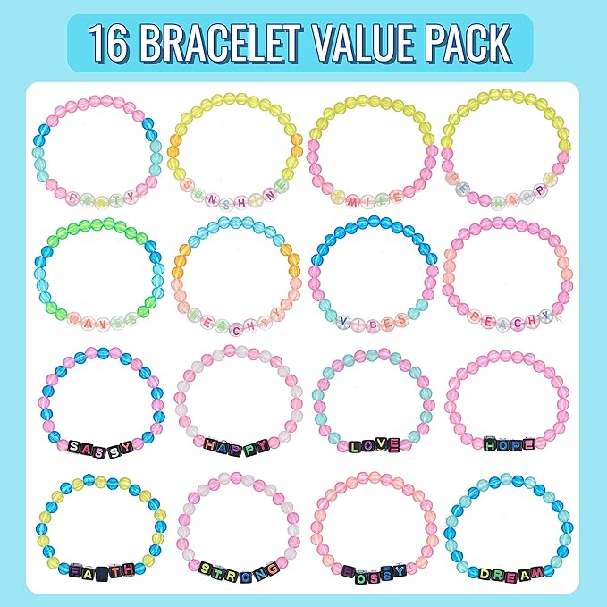 Expressions 16pc Tear & Share Bracelets w/ GLOW IN THE DARK Beads - Novelty Message Bracelets To Share With Friends, Colorful Letter Beaded Bracelets, Shareable Party Favor Jewelry For Kids And Teens