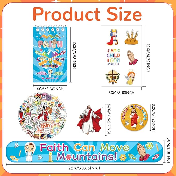98PCS Christian Gifts Bible Religious Party Favors, Jesus Love You Religious Bracelets, Mini Religious Notebooks, Bible Stickers, Christian Button Pins and Verses Temporary Tattoos for Kids Adults