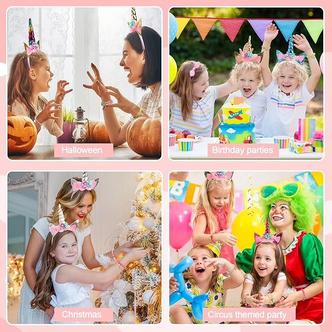 Jexine 18 Piece Unicorn Party Favors Include 9 Unicorn Headbands and 9 Unicorn Rainbow Beaded Bracelets Unicorn Horn Flower Headband for Girls Teen Birthday Back to School Gifts