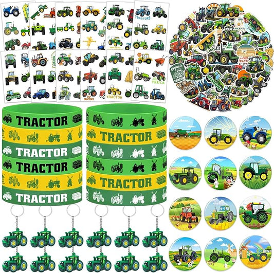 98 PCS Tractor Party Favors Tractor Theme Birthday Party Supplies Decorations Tractor Rubber Bracelet Tattoos Keychains Button Pin Tractor Stickers for Boys Girls Farm Tractor Birthday Theme Party