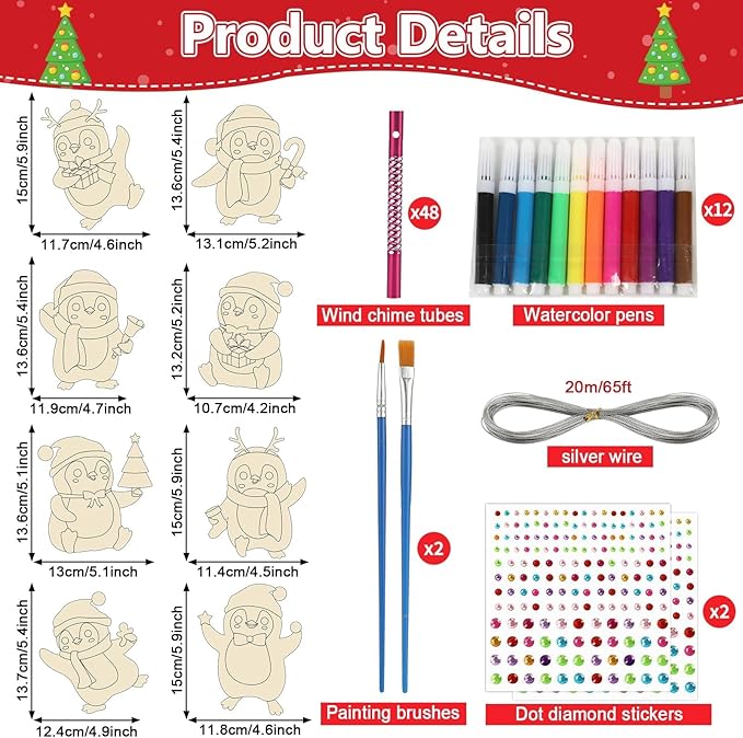 gisgfim 16 Pack Christmas Penguins Wind Chime Crafts Kits for Kids Make Your Own Penguin Wind Chime Wooden DIY Arts and Crafts for Christmas Party School Classroom Decorations Supplies Birthday Favors