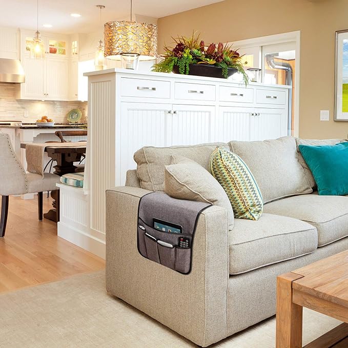 Sofa Armrest Organizer,Non-Slip Remote Control Holders for Recliner Couch,Chair Armchair Caddy with 5 Pockets for Table,Cell Phone,Ipad,Magazines,Books (13x35In, Lightgrey)