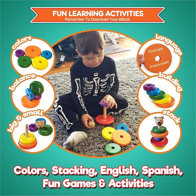Baby Toys Wooden Stacking Rings - Bilingual Educational Toys for 2 Year Old | Learn Rainbow Colors in English & Spanish | Wood Building Blocks with Toddler Games Learning Activities Ebook