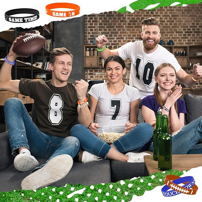 JUNEBRUSHS 42pcs Football Party Favors Silicone Bracelets Rubber Wristbands Accessories for Football Sport Themed Birthday Party Decorations Adults Stuffers Filler Gift Supplies(6 Designs)