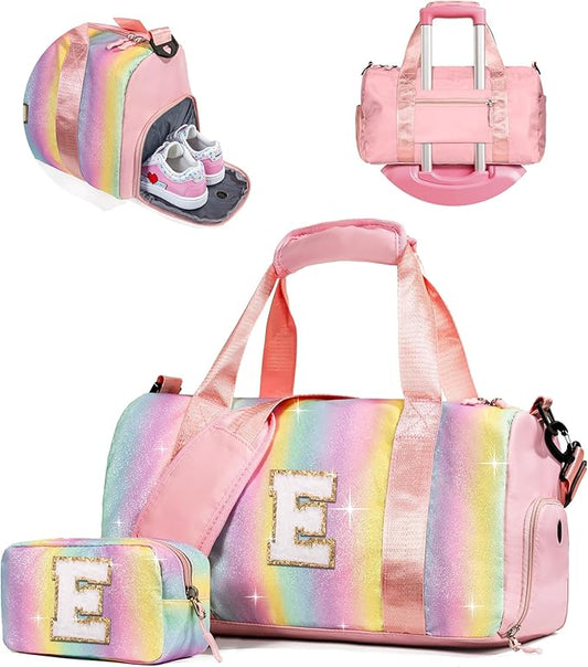 Valentines for Kid-Birthday Gifts for 4 5 6 7 8 9 10 11 12 Year Old Girls-Gifts for Kids-Girl Gym Bag with Shoe Compartment, Kid Dance Bags, Preppy Things for Girl Gifts (Letter E)