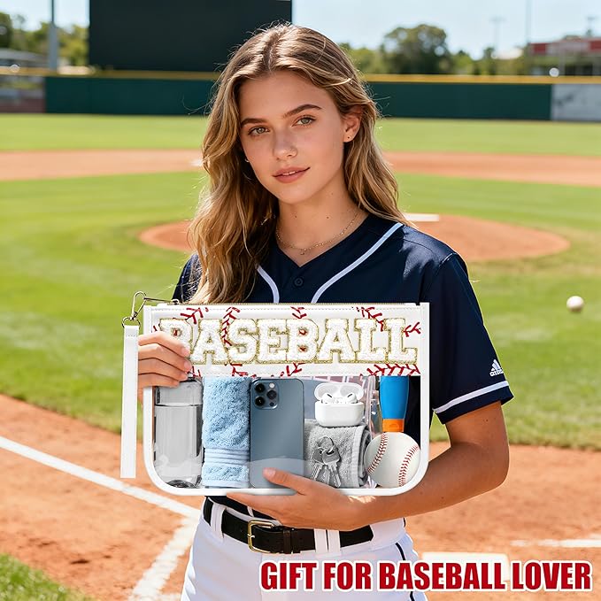 BuyCard Baseball Gifts Makeup Bag with Chenille Letter Patch, Clear Cosmetic Pouch PVC Organizer Purse, Waterproof Travel Bag, Portable Toiletry Storage Bag for Her Friends
