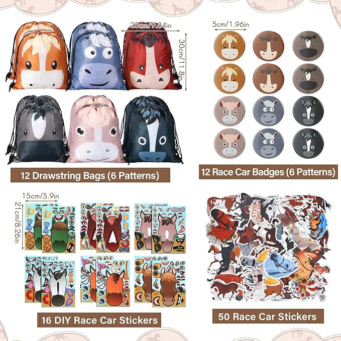 Liliful 152 Pcs Horse Themed Party Favor Supplies with Drawstring Bag Keychain Rubber Wristbands Badges Puzzle Stickers Horse Stickers Notepads Soft Pencils Simulated Horses for Horse Party Decoration