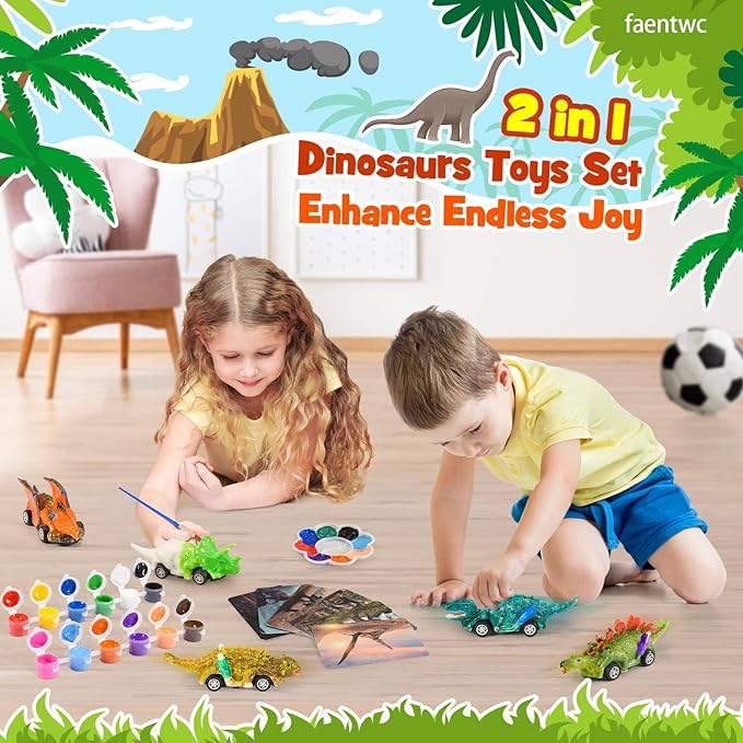 faentwc Painting Toys for Kids 5-7 2 in 1 Dinosaur Arts Painting Kits and Pull Back Cars Toy for Boys 3-12 Year Old Art & Craft Set for Girl DIY Easter Birthday Gifts for Kid Age 4 5 6 7 8 9 10