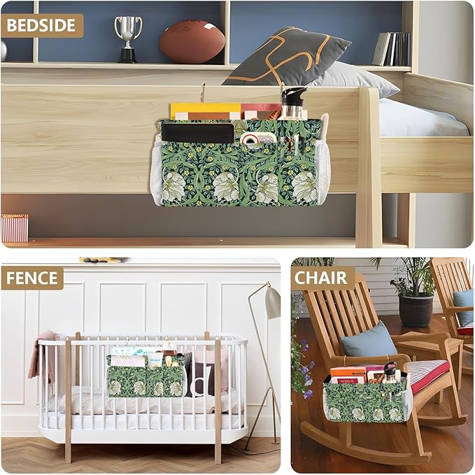 Bedside Caddy for Dorm Bed Bedside Hanging Caddy Bag Iron Frame Storage Organizer Pocket for Bunk Home College Hospital Beds 2 Hooks