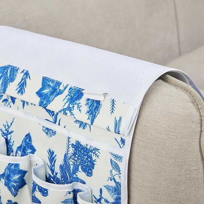 FLYILY Sofa Armrest Organizer Non-Slip Arm Chair Hanging Caddy Remote Control Holder for Magazine,Tablet, Phone, Books, Glasses(BlueFloral,13in)