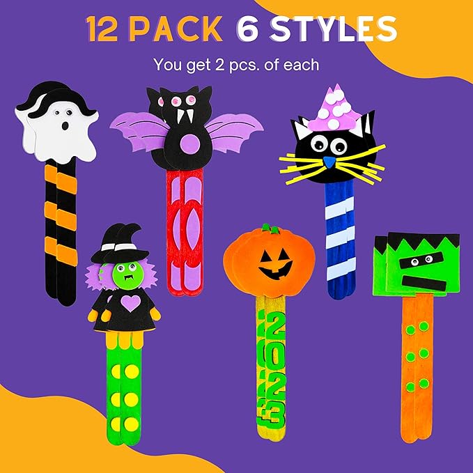 4E's Novelty Halloween Bookmark Craft for Kids 2024-12 Pack Bulk Kids Halloween Crafts Ages 4-8, 8-12 Halloween Activities for Kids Classroom Halloween Bookmarks, DIY Foam Halloween Craft Kit
