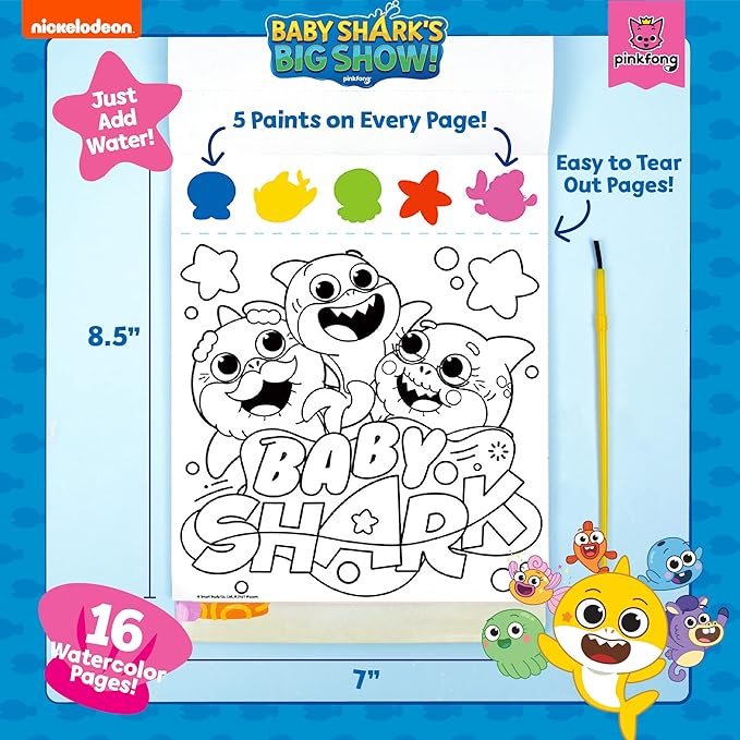 Horizon Group USA Baby Shark Watercolor Art Pad – Baby Shark Water Coloring Book & Painting Set –Baby Shark Watercolor Painting Kit – Great Baby Shark Art Set for 3 Year Old