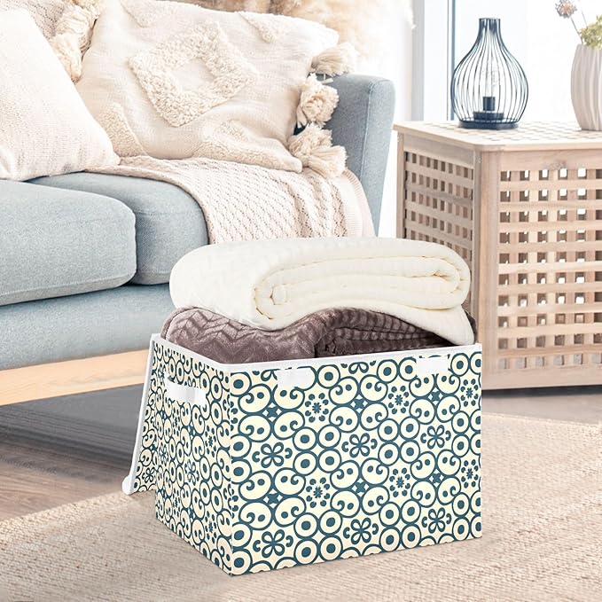 senya Large Storage Bins with Linen Collapsible Foldable Storage Cubes Fabric Closet Organizer Containers box with Flip-Top Lid for Home Bedroom Office 16.7 x 12.6 x 11.8in (Abstract Ornament)