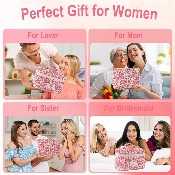 URSKYTOUS 3Pcs Cotton Quilted Makeup Bag for Women Large Small Travel Cosmetic Bag Set Cute Pink Floral Print Makeup Pouch for Purse Portable Skincare Bags Coquette Vintage Puffy Travel Essential