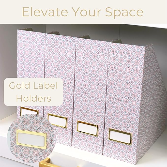 BLU MONACO | Foldable Magazine File Holder Set of 4 | Moroccan Tile Cardboard Organizers | Vertical Desk and Shelf Storage for Home Office Dorm | Decorative File Boxes