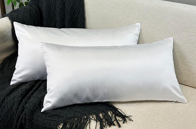 Aiking Home 12x24 Inches Faux Silk Rectangular Throw Pillow Cover, Zipper Closure, White (Set of 2)