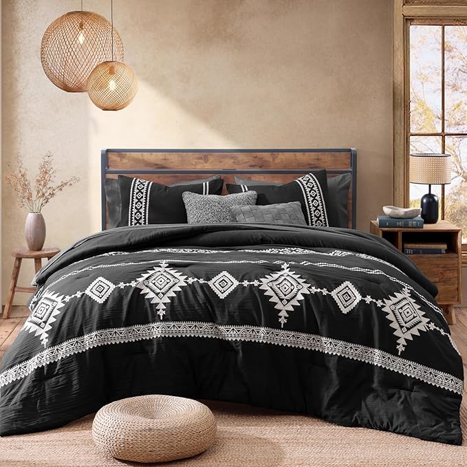 MaiRêve Embroidery Comforter Set, Boho Farmhouse Western Bedding Set, All Season Bed in A Bag Comforter Set with Sheets, Pillowcases & Shams, Black King 7 Pieces