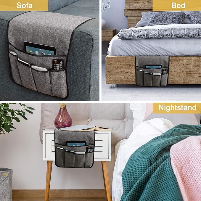 Sofa Armrest Organizer,Non-Slip Remote Control Holders for Recliner Couch,Chair Armchair Caddy with 5 Pockets for Table,Cell Phone,Ipad,Magazines,Books (13x35In, Lightgrey)