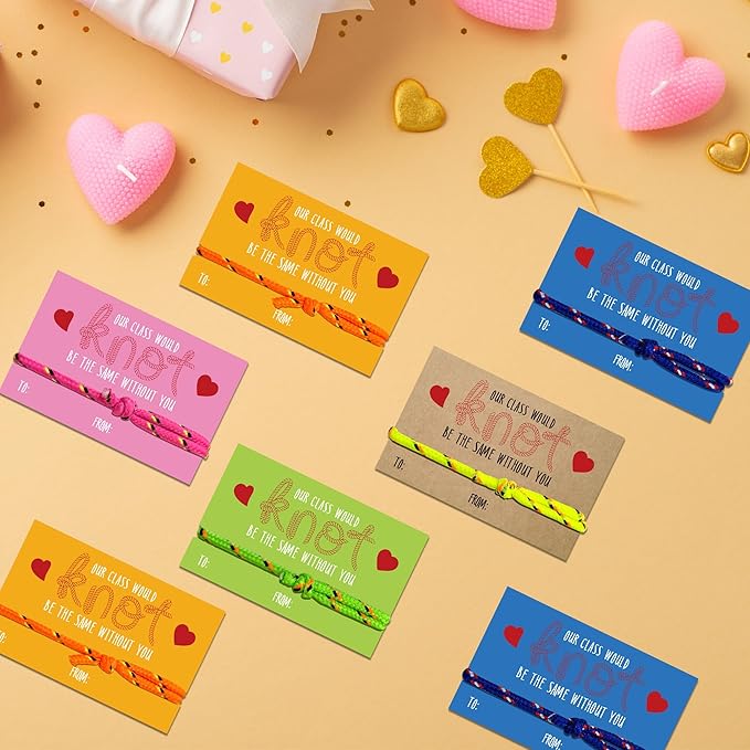 Friendship Bracelet Valentines Cards - 28Pcs Knot Bracelet Greeting Cards, Class Valentines Day Cards for Shcool Classroom Exchange, kids Valentines Day Gifts for Students from Teachers