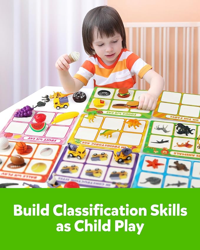 Coogam Sorting Toy for Toddlers, Animals Dinosaurs Fruits Vehicles Foods Fishes Balls Farm Playset, Fine Motor Montessori Game Preschool Educational Learning Gift for Year Old Kids