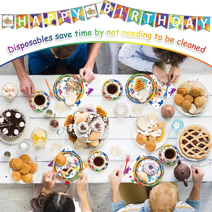 Art Party Kit for 24 Guests - 97 Pcs Including Plates, Forks, Napkins, Bunting - Unleash Imagination with Colorful Artist's Tableware