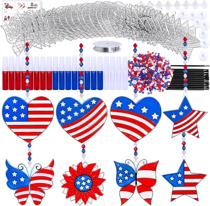 24 Sets Patriotic Suncatcher Ornaments Decoration DIY Window Paint Art Stickers Craft Kit American Heart Star Butterfly Suncatchers for Kids Classroom Patriotic 4th of July Activity Party Art Project