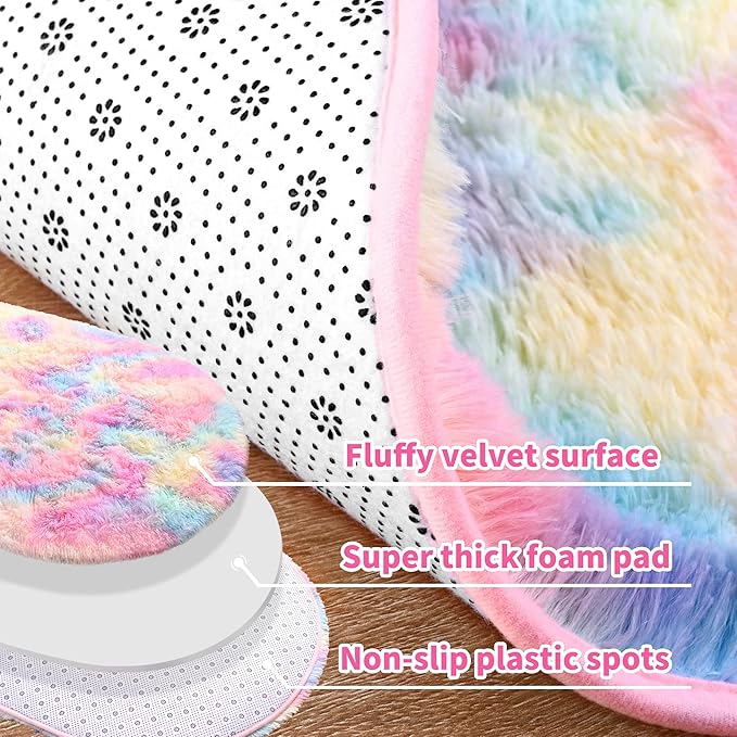 Noahas Oval Fluffy Rainbow Rug 2.6X5.3 Small Kids Rugs for Bedroom Girls And Boys Aesthetic,Bedside Bedroom Rug,Ultra Soft Runner Carpet Modern Shaggy Nursery Area Rugs Home Decor