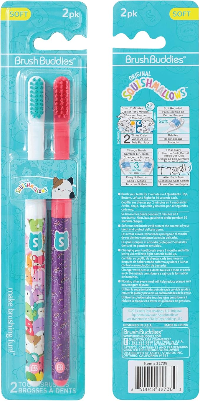 Brush Buddies Squishmallows Assorted Manual Toothbrushes, Soft Toothbrushes, Toothbrushes for Kids and Adults, 2PK