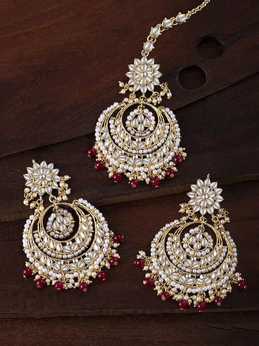 Aheli Bollywood Ethnic Chandbali Style Big Earrings Maang Tikka Set Traditional Fashion Jewelry Gift for Women