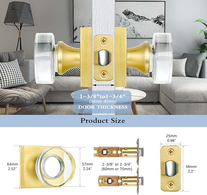 coolnews Passage Function Clear Crystal Glass Door Knobs Interior, Modern Gold Door Knob with Square Plate, Satin Brass Finish
