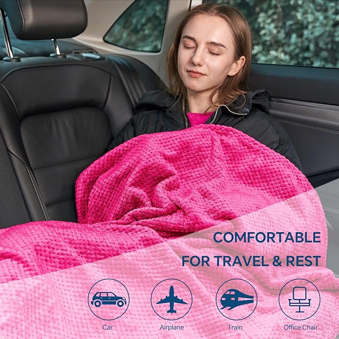 BEDELITE Travel Blanket with Bag, Ultra-Soft Jacquard Fleece Blanket with Luggage Sleeve & Backpack Clip, Airplane Blanket Travel Essentials, Hot Pink