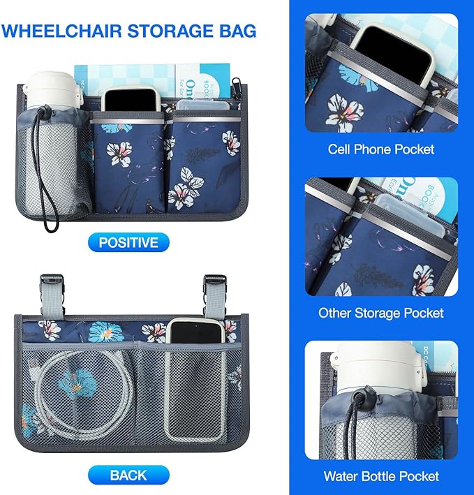 Wheelchair Bag, Walker Bag, Wheelchair Side Bag, Armrest Organizer Pouch with Cup Holder Attachment and Reflective Strip, Accessories for Most Wheelchairs, Walker, Rollators, Navy Floral
