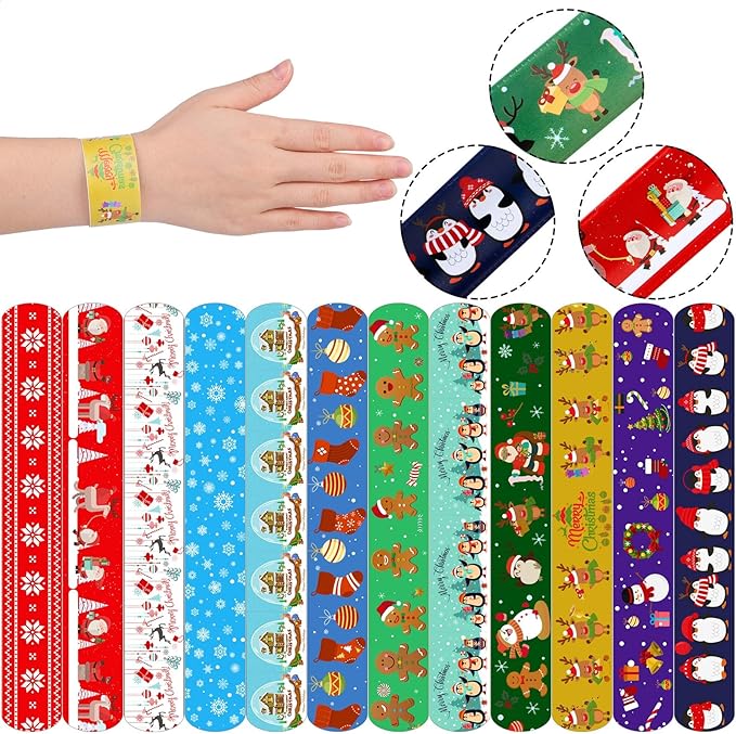 Elcoho 72 Pieces Christmas Snap Bracelets Xmas Party Favors Slap Bracelets Assorted Christmas Pattern Slap Wristband for Christmas Party Favors